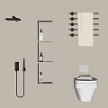 Modern Bathroom Interior Design with Shower Head LED Wall Niche Towel Rack and Toilet