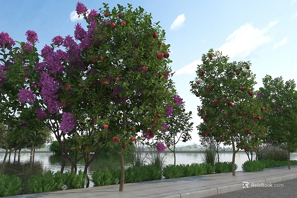 Scenic Garden Landscape With Purple Flowers Pomegranate Trees Green Grass By Lakeside Pathway 3d model 