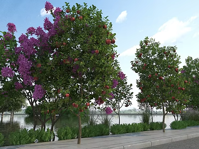 Scenic Garden Landscape With Purple Flowers Pomegranate Trees Green Grass By Lakeside Pathway 3d model
