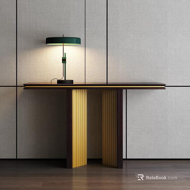 Modern Console Table With Golden Fluted Base Table Lamp And Textured Wall Background 3d model
