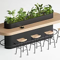Contemporary Oval Wooden Bar Counter With Central Greenery Planter And Four Stylish Matching Bar Stools