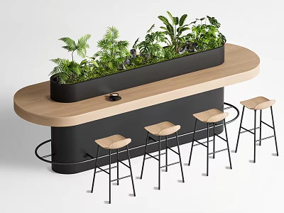 Contemporary Oval Wooden Bar Counter With Central Greenery Planter And Four Stylish Matching Bar Stools 3d model