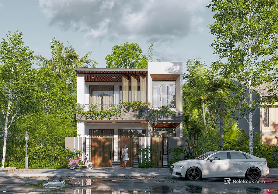 Modern Detached Villa Surrounded by Lush Green Trees With Two Story Design and White Car 3d model 