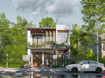 Modern Detached Villa Surrounded by Lush Green Trees With Two Story Design and White Car 3d model