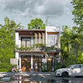 Modern Detached Villa Surrounded by Lush Green Trees With Two Story Design and White Car