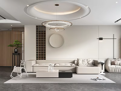 Modern Minimalist Living Room Interior With L Shaped Sofa Circular Ceiling Light And Round Mirror 3d model