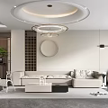 Modern Minimalist Living Room Interior With L Shaped Sofa Circular Ceiling Light And Round Mirror