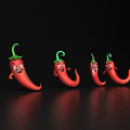 Red Chilies with Smiling Faces and Green Stems on Black Background with Reflections 3d model