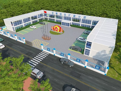 Modern Industrial Factory Building with Large Glass Windows Greenery Surroundings Parking Area and Vehicles 3d model