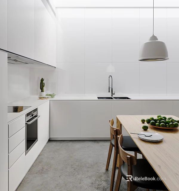 Modern Restaurant Kitchen Interior Design With White Cabinets Open Layout Dining Table And Pendant Light 3d model