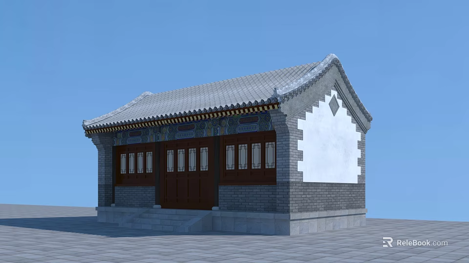 Ancient Chinese Architecture With Traditional Gray Tile Roof White Walls And Dark Wooden Doors 3d model 