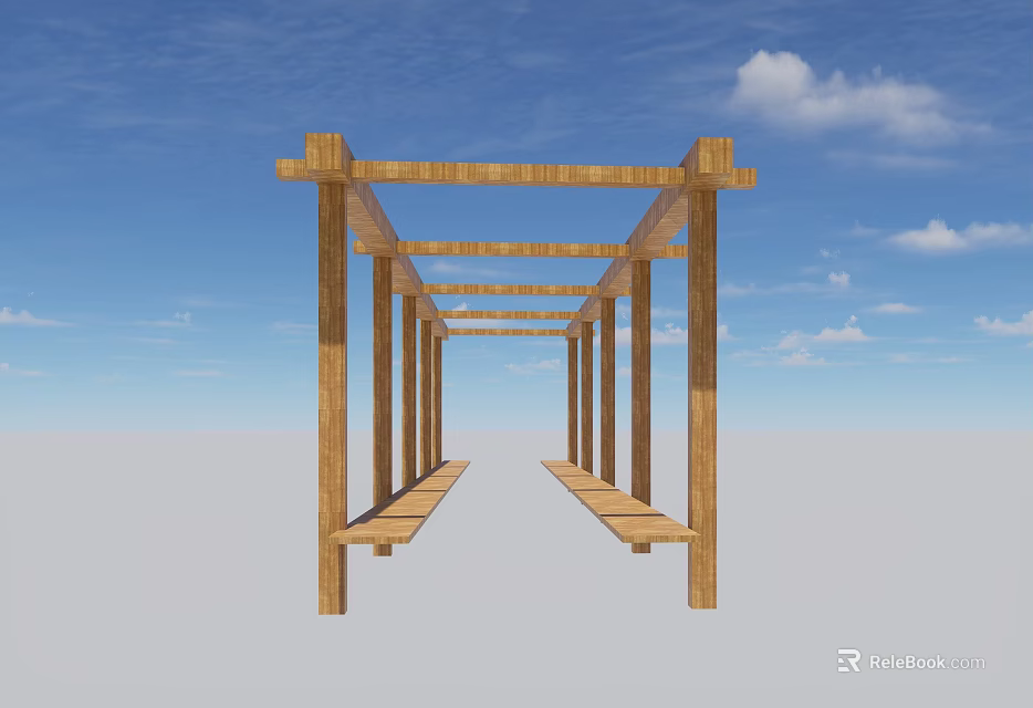 Wooden Pergola Structure With Beams Columns Under Blue Sky And Clouds 3d model 