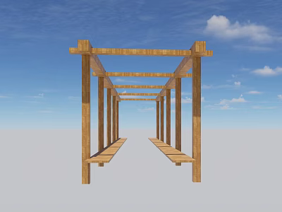 Wooden Pergola Structure With Beams Columns Under Blue Sky And Clouds 3d model