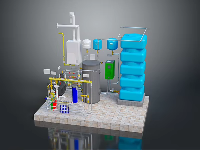 Industrial Equipment System With Blue Green White Tanks Pipes And Control Structure 3d model