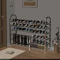 Multi Tiered Metal Shoe Rack Organizing Various Shoes In Entryway With Wooden Floor And Rug
