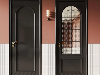 Two Black Doors With Glass Panel Pink Wall White Tiles And Wall Lamp Decor 3d model