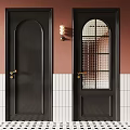 Two Black Doors With Glass Panel Pink Wall White Tiles And Wall Lamp Decor