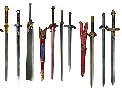 Various Types of Decorative Swords With Ornate Handles And Metal Blades 3d model