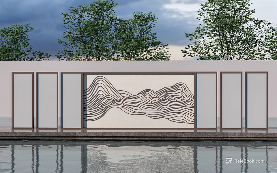 Modern Landscape Feature Wall With Wavy Line Pattern Grey Frame Tree Background And Water Reflection 3d model 