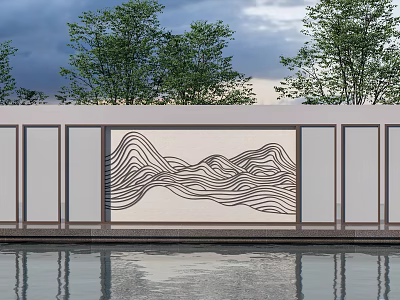 Modern Landscape Feature Wall With Wavy Line Pattern Grey Frame Tree Background And Water Reflection 3d model