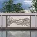 Modern Landscape Feature Wall With Wavy Line Pattern Grey Frame Tree Background And Water Reflection 3d model