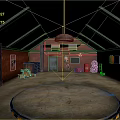 Red Brick Indoor Area Featuring Circular Wrestling Ring Sofa Speakers Graffiti And Hanging Lamp