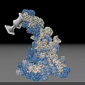 Art Installation with White Container Pouring Blue and White Spherical Elements Forming Stacked Sculptural