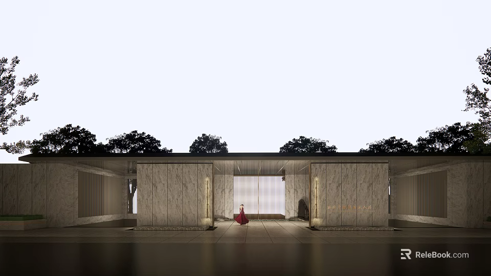 Elegant Modern Entrance Gate With Marble Walls Person In Red And Surrounding Trees 3d model 