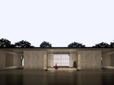 Elegant Modern Entrance Gate With Marble Walls Person In Red And Surrounding Trees 3d model