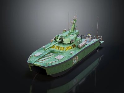 Modern Green Patrol Boat Water Transport With Radar Antennas Yellow Details 3d model