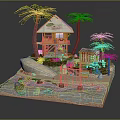 Cartoon Scene With Thatched Hut Palm Trees Small House Staircase Sand Water And Green Plants