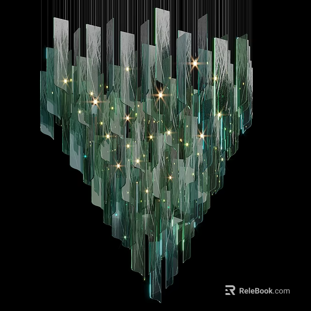 Modern Green Glass Chandelier With Vertical Strips And Illuminated Warm Lights 3d model 