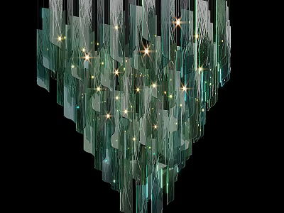 Modern Green Glass Chandelier With Vertical Strips And Illuminated Warm Lights 3d model