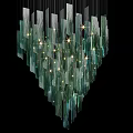 Modern Green Glass Chandelier With Vertical Strips And Illuminated Warm Lights