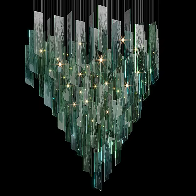Modern Green Glass Chandelier With Vertical Strips And Illuminated Warm Lights 3d model