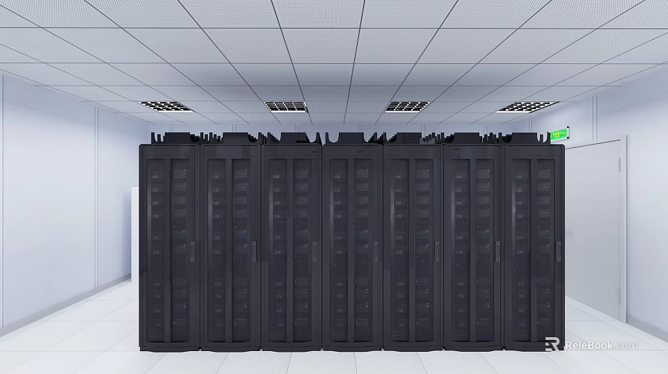 Black Server Racks Arranged In Modern Data Center Room With Ceiling Lights 3d model 