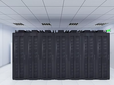 Black Server Racks Arranged In Modern Data Center Room With Ceiling Lights 3d model