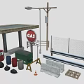 Road Facilities With Bus Stop Shelter Street Lamp Gas Sign Construction Cones And Bench