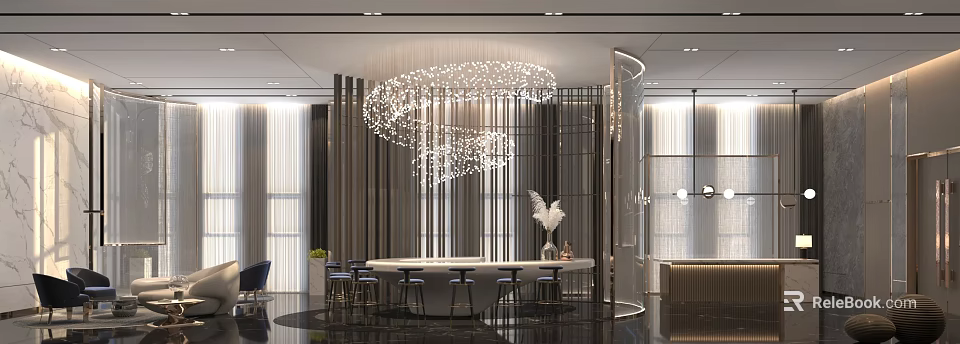 Elegant Modern Hotel Lobby Interior With Chandelier Bar Counter Metal Screen And Feather Decoration 3d model 