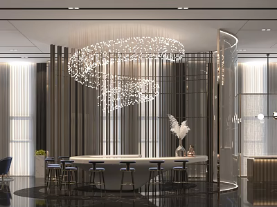 Elegant Modern Hotel Lobby Interior With Chandelier Bar Counter Metal Screen And Feather Decoration 3d model