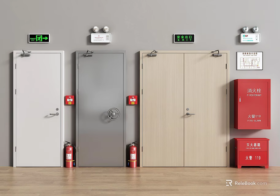 Fire Safety Equipment Including Fire Doors Extinguishers Hydrant Cabinet And Exit Signs 3d model 