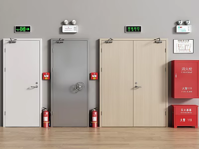 Fire Safety Equipment Including Fire Doors Extinguishers Hydrant Cabinet And Exit Signs 3d model