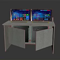 Dual Monitors Computer Workstation Setup With Cabinet Doors Desk And Windows Interface Icons