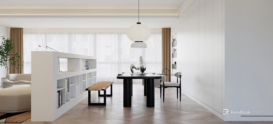 Modern Restaurant Interior With Round Dining Table Pendant Light And Wooden Bench 3d model