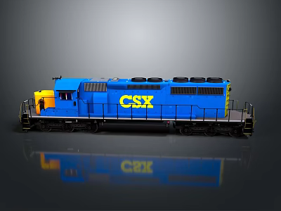 Blue CSX Train Locomotive Model With Yellow Accents On Reflective Surface 3d model