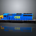 Blue CSX Train Locomotive Model With Yellow Accents On Reflective Surface