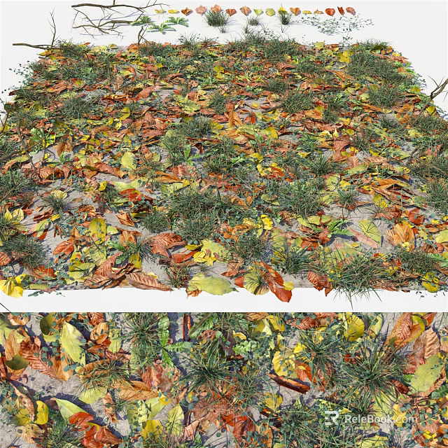 Natural Garden Decor With Colorful Autumn Leaves And Green Grass Ground Cover 3d model 