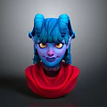 Game Movie Character With Blue Skin Braided Blue Hair Yellow Eyes Blue Horns And Red Cape