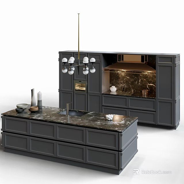 Modern Kitchen Interior With Dark Gray Cabinets Marble Island Countertop And Chandelier 3d model 