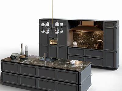 Modern Kitchen Interior With Dark Gray Cabinets Marble Island Countertop And Chandelier 3d model
